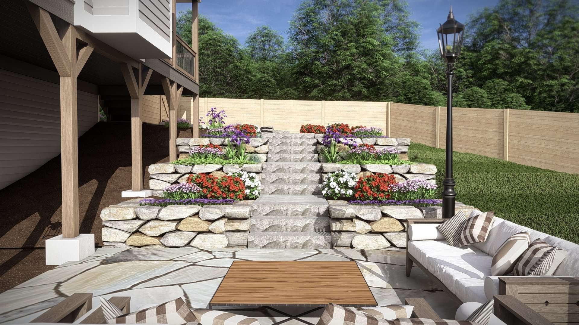 IMG_6066 Elegant multi-level garden design with stone steps, vibrant flower arrangements, and a cozy seating area, highlighting professional landscape design in Etowah, NC for stunning outdoor transformations.