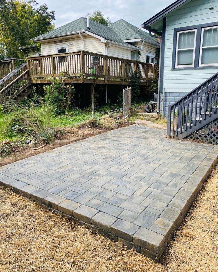 Laughter Family Hardscapes Hardscaping Services Buncombe County NC -16 The image depicts a square paver patio that has been recently completed.